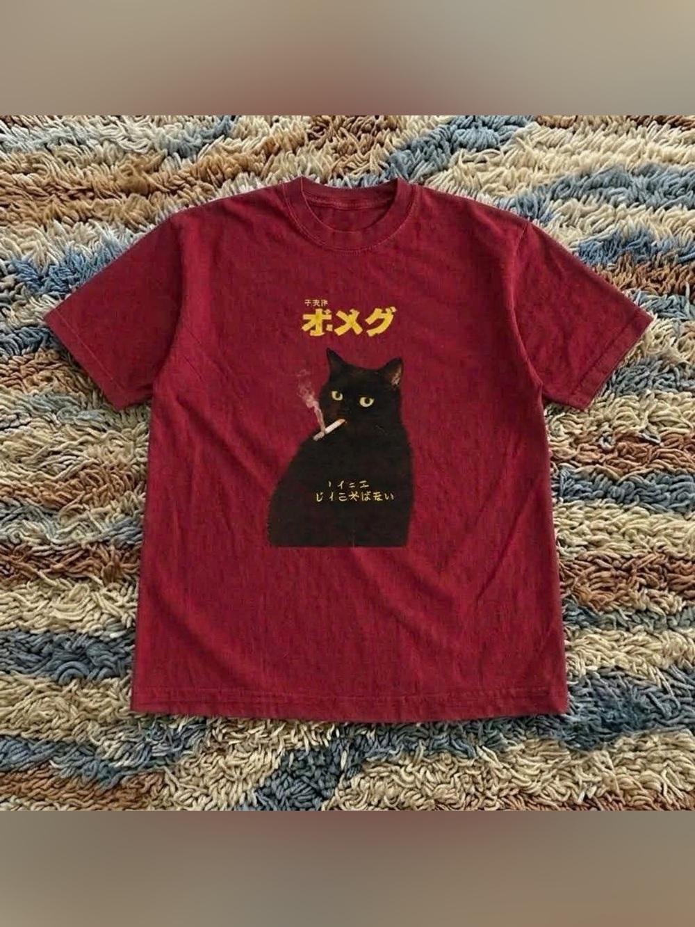 Maroon T‑Shirt with Black Cat and Yellow Japanese Print